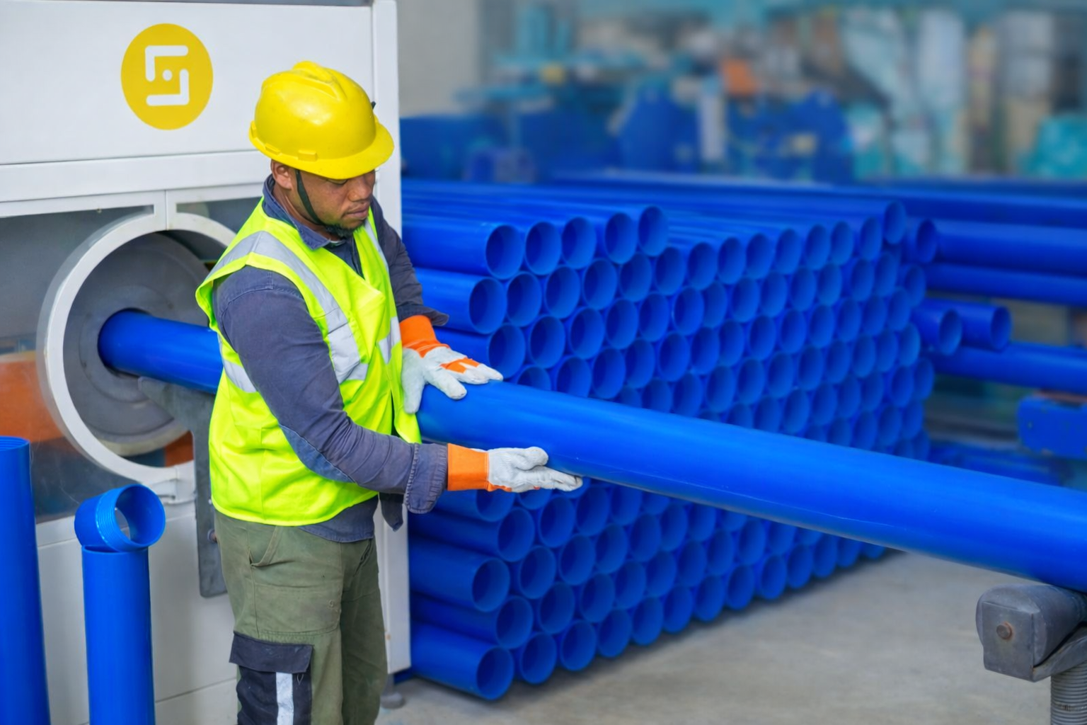 Agent IBP portant ses EPI réalisant le filetage d’un tuyau bleu sur son poste de travail dans l’usine IBP