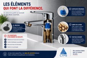 Schéma d'un robinet de qualité montrant le corps en laiton, la cartouche céramique, la finition chromée et l'aérateur.