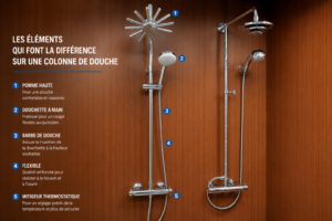 Principaux éléments d'une colonne de douche de qualité : pomme de douche, douchette à main, barre de douche, flexible et mitigeur pour bien choisir son équipement.