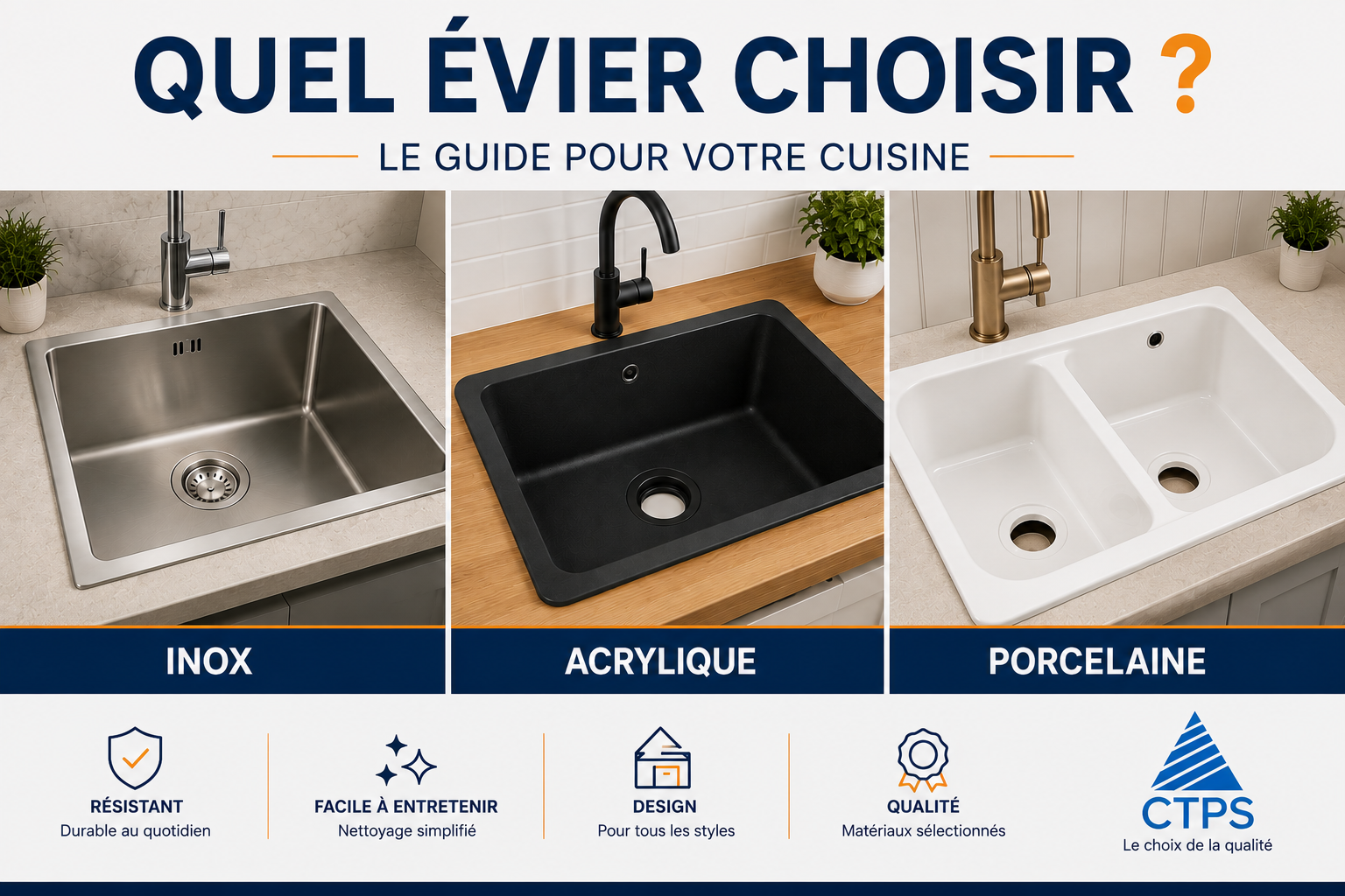 Quel évier choisir : comparaison entre un évier en inox, un évier en acrylique et un évier en porcelaine pour une cuisine moderne.