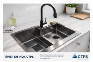Évier en inox CTPS avec double bac et robinet noir, idéal pour une cuisine moderne au Bénin.