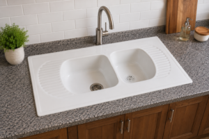 Évier en porcelaine blanc CTPS à deux bacs avec égouttoirs intégrés, installé dans une cuisine moderne au Bénin.