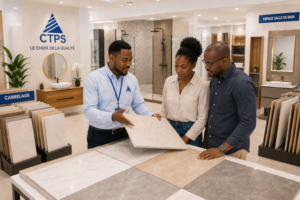 Conseiller CTPS accompagnant un client dans le choix de matériaux de construction au Bénin