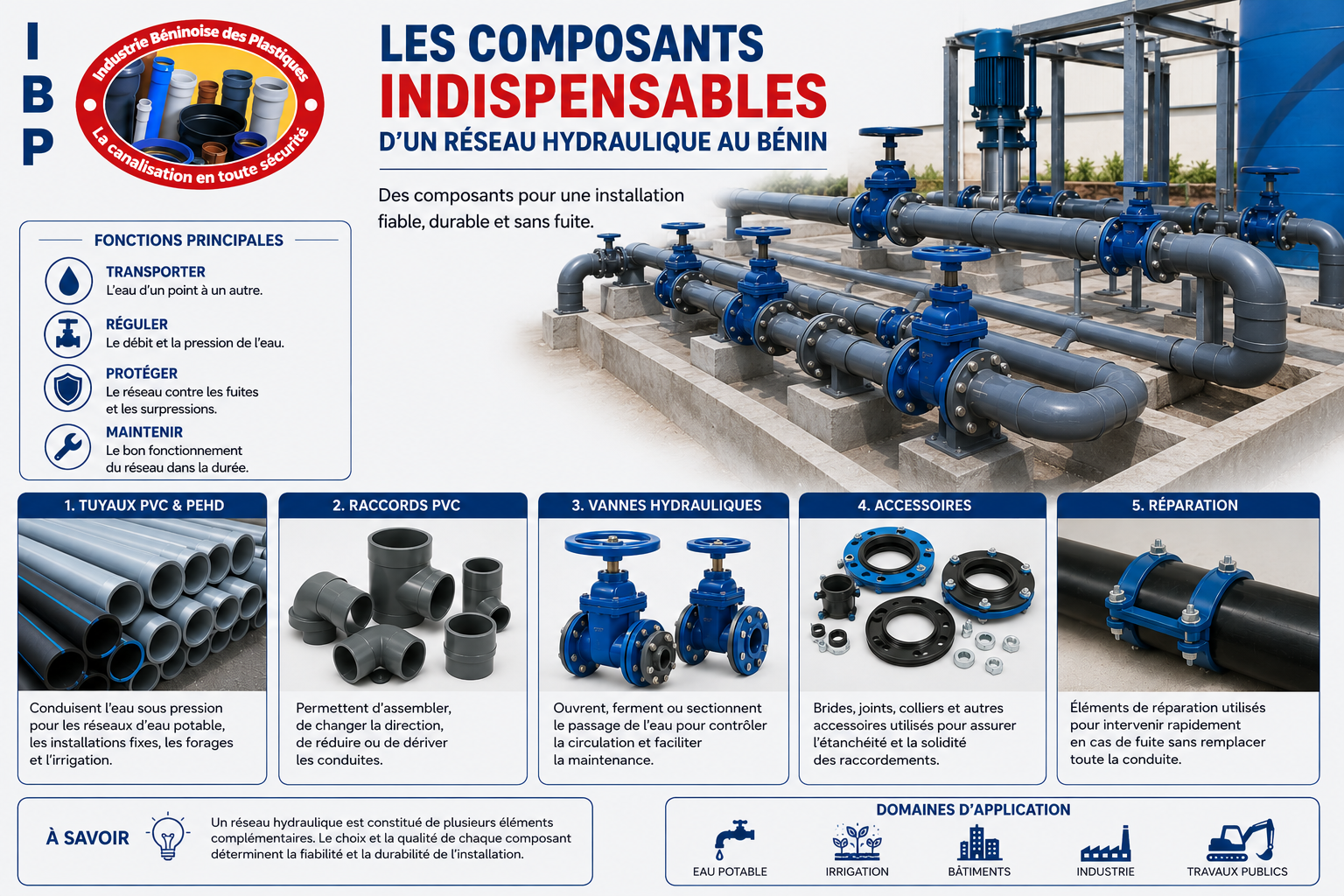 Composants d'un réseau hydraulique au Bénin : tuyaux PVC, PEHD, raccords, vannes et accessoires