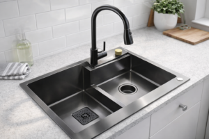 Mitigeur de cuisine avec douchette installé sur un évier inox dans une cuisine moderne au Bénin
