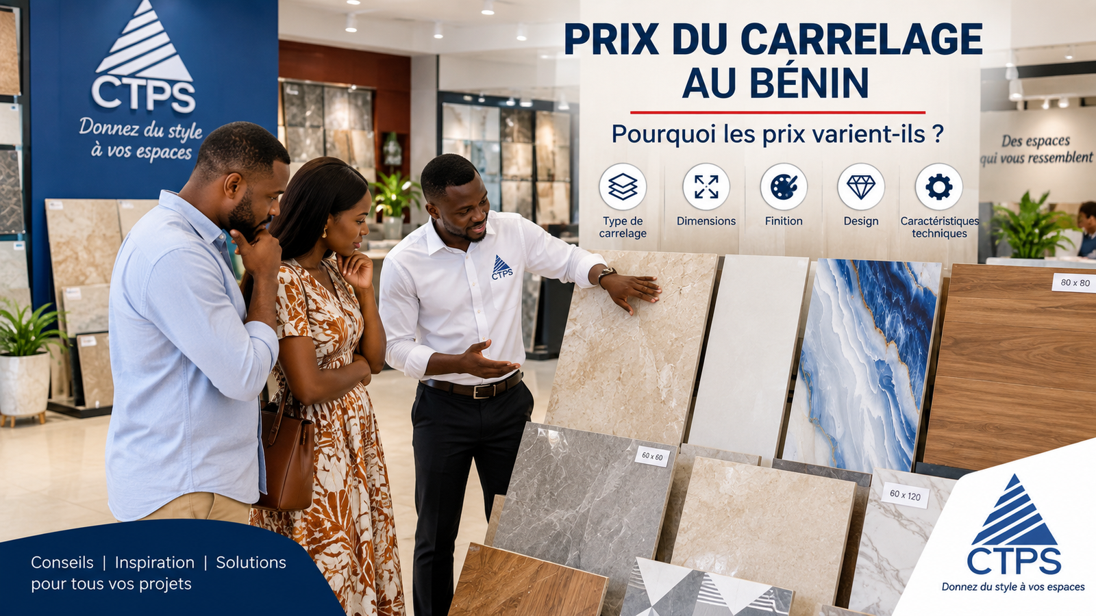 Prix du carrelage au Bénin – clients comparant différents modèles de carreaux chez CTPS