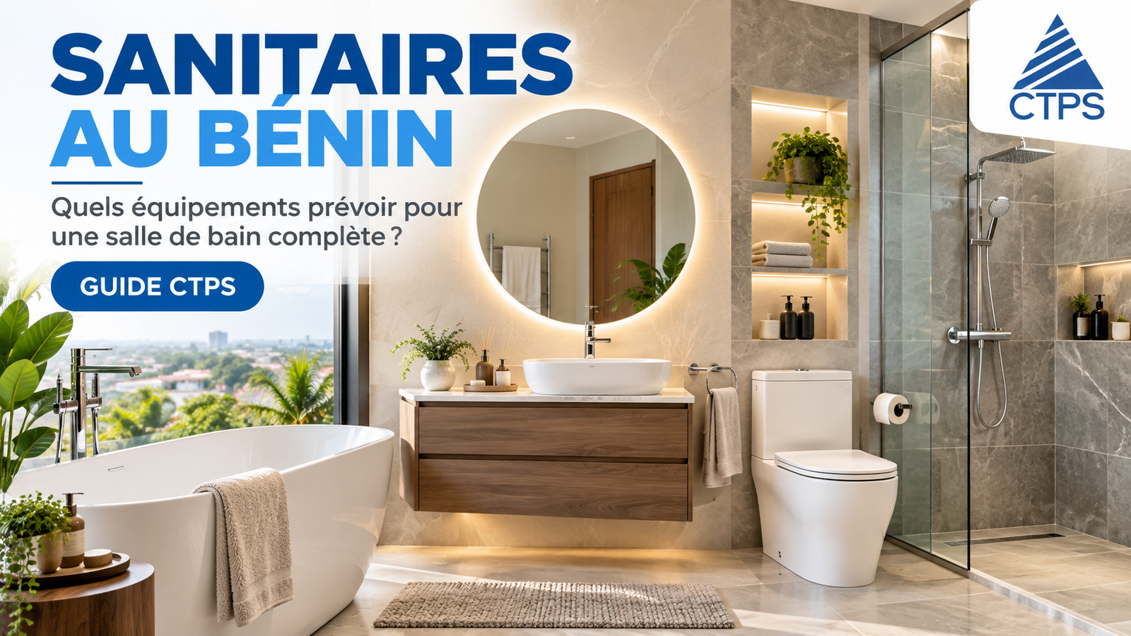 Sanitaires au Bénin dans une salle de bain complète avec WC, vasque, baignoire et douche
