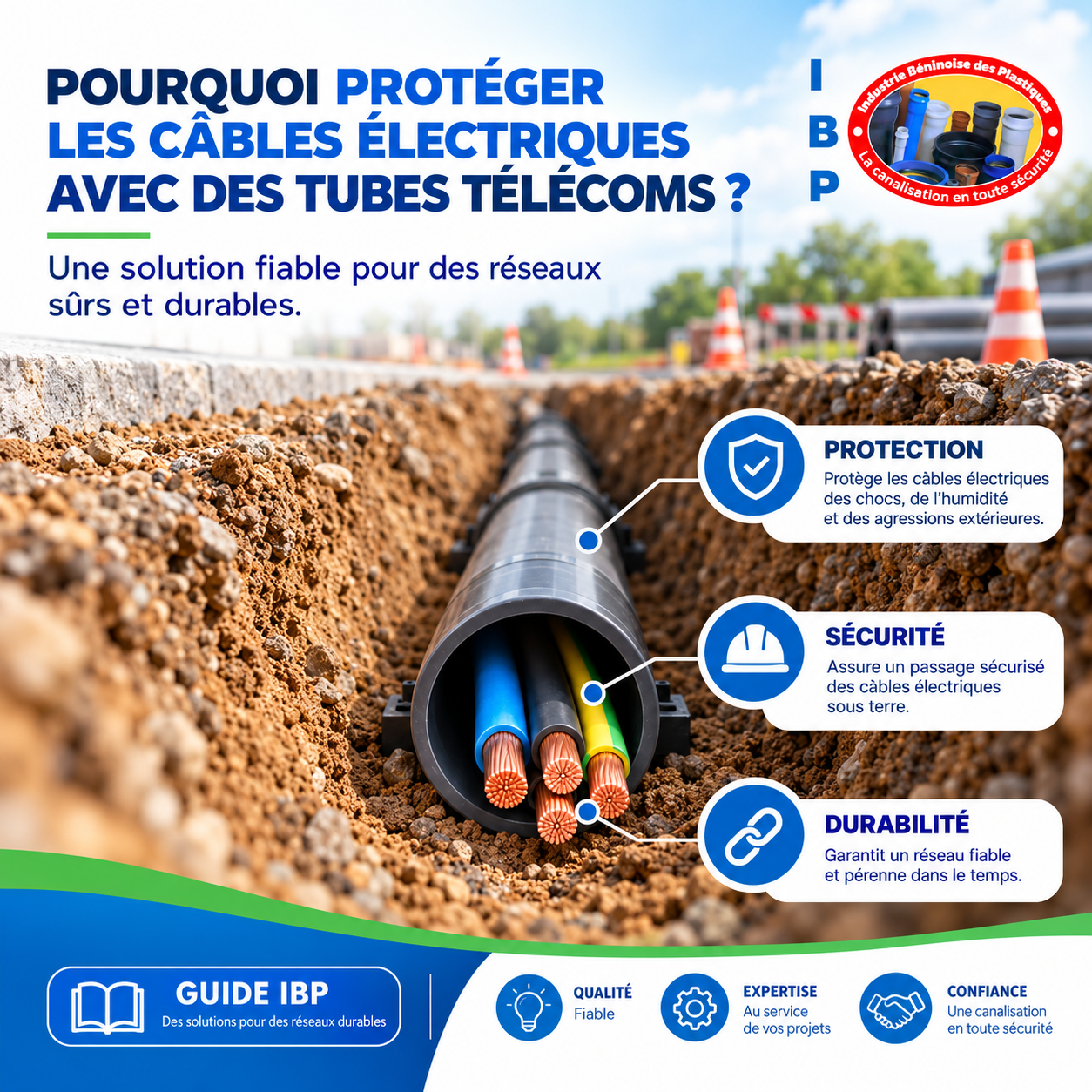 Câbles électriques protégés dans un tube Télécom enterré au Bénin
